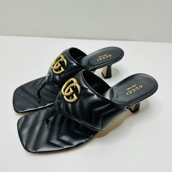 Gucci Marmont Chevron Double G 37/ US 7 Thong Heel Sandals Black Leather NIB - Picture 7 of 15